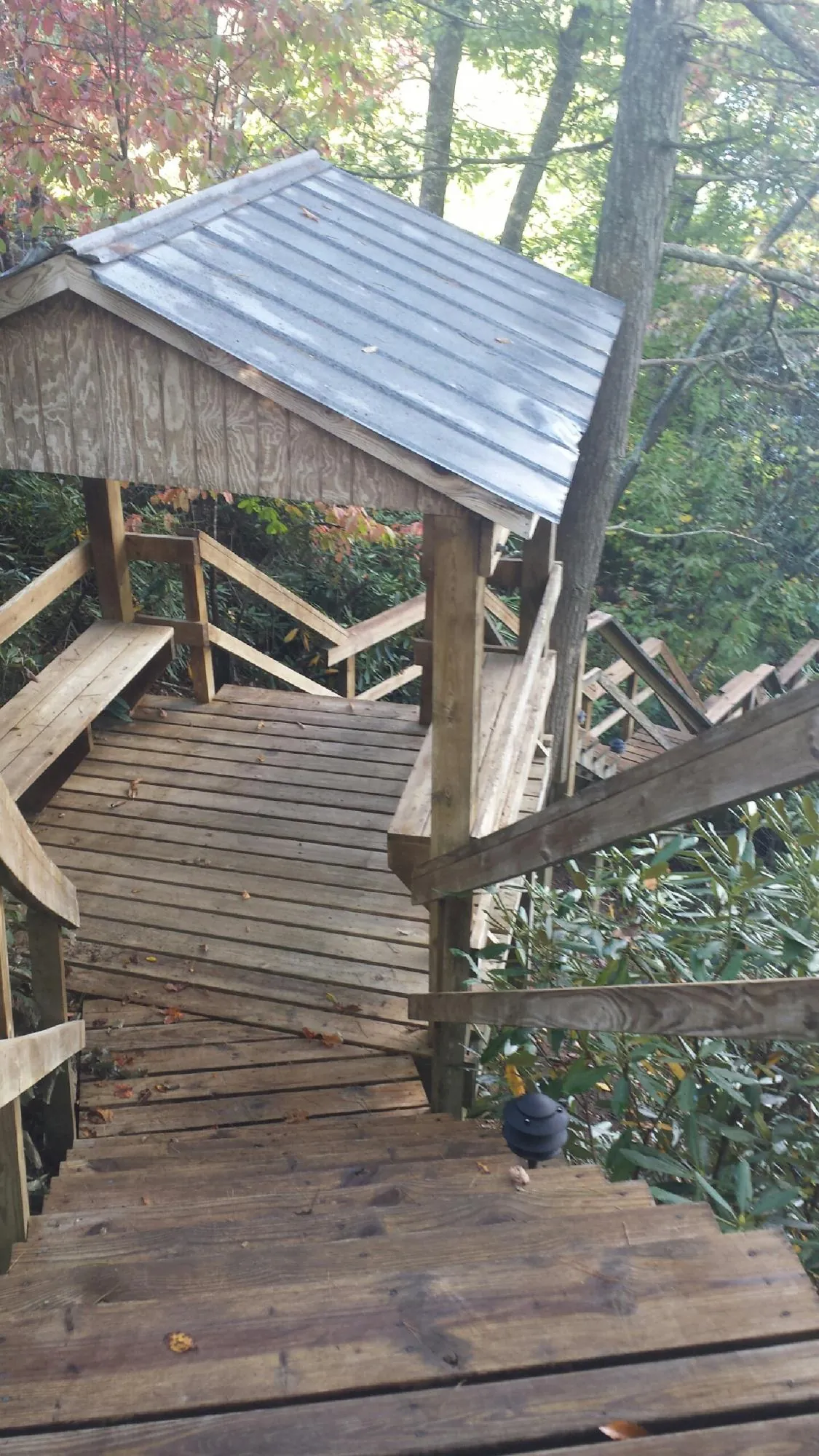 Metal roofed shelter over wooden steps on a wooded walkway — Skylight Repair & Installation work by our crew in Whitewater